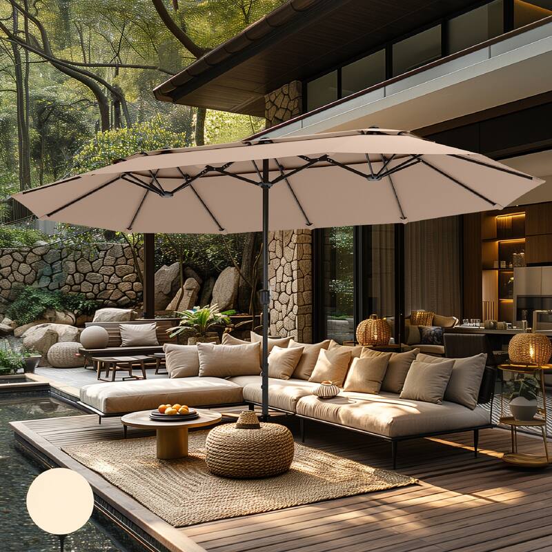 MAISON ARTS 15ft 2-Tier Large Patio Umbrella with Solar Lights, Double-Sided Outdoor Market Umbrellas with Base Included - Beige-NoLights