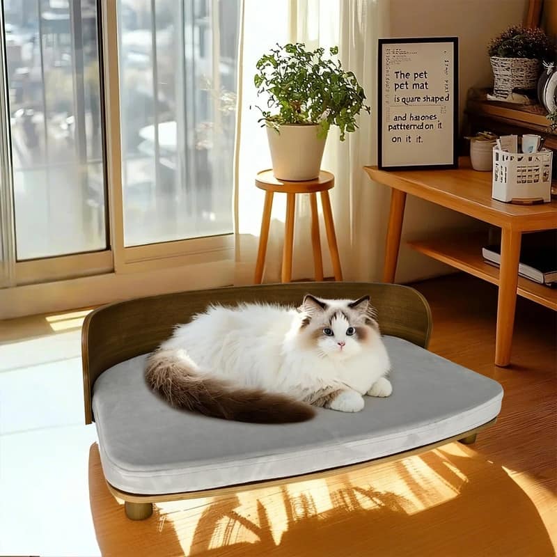 Elevated Dog Bed Curved Wood with Waterproof Soft Cozy Cushion Stool