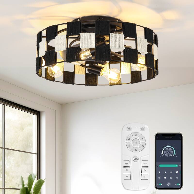 17.7" Black Hemp Rope Woven Caged Smart Fandelier Ceiling Fan with Remote and App
