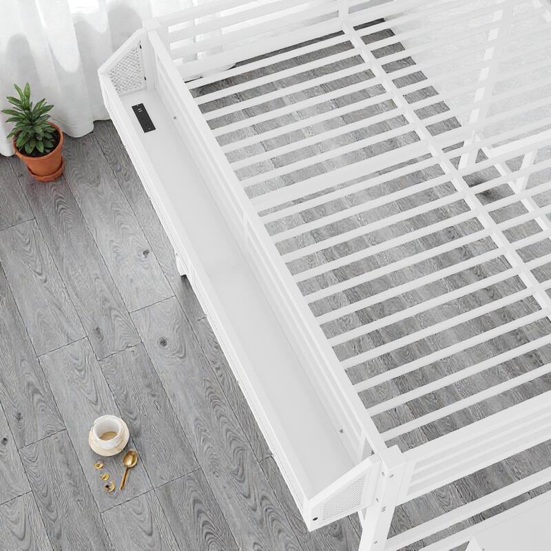 Metal Loft Bed with Storage Stairs, Wardrobe and Shelves, USB Ports and LED Lights, Noise Reduced Frame