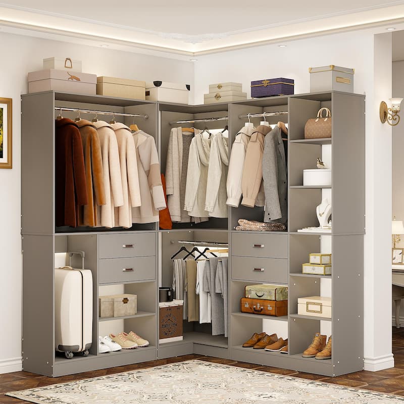 51''-110'' Freestanding Closet Organizer with Hanging Rods, Set of 3 Corner Closet System with Drawers - Grey