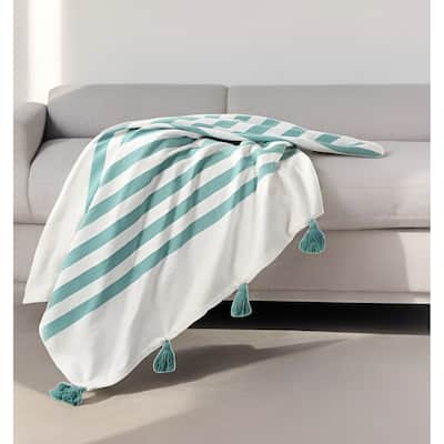 50" X 60" Blue and White Woven Cotton Striped Throw Blanket with Tassels