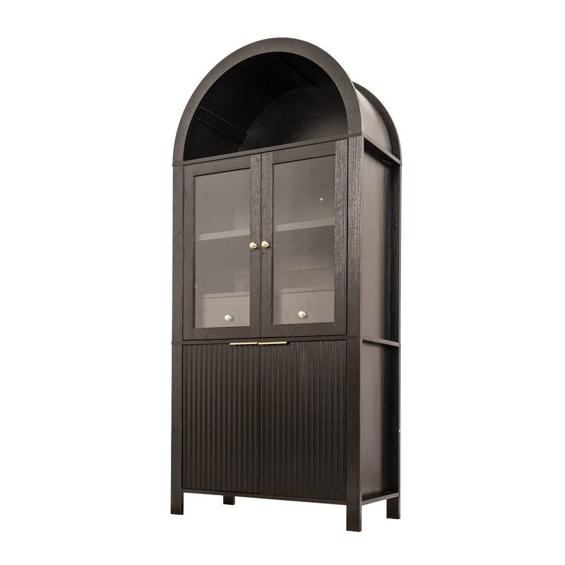71" Tall Fluted Arched Pantry Cabinet with Glass Doors and Adjustable Shelves for Elegant Kitchen Storage