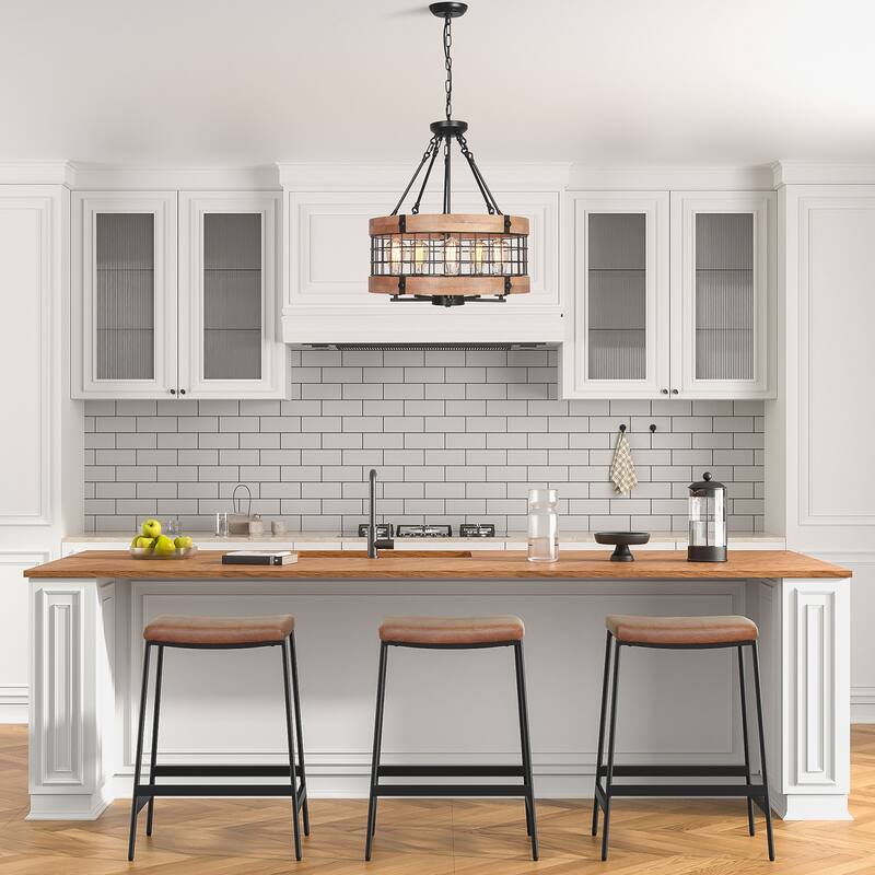 Anmytek Modern Farmhouse 5-Light Wood Cage Chandelier Drum Pendant Lights for Dining Room - 19.6" D x 22.3" H
