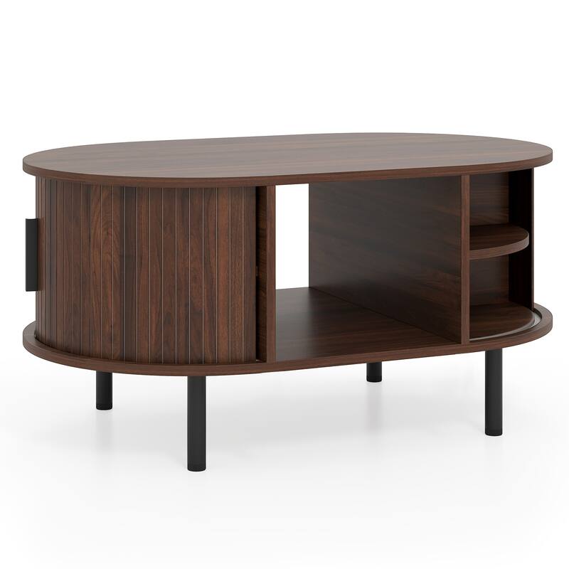 Walnut Modern Oval Coffee Table with Sliding Tambour Doors and Storage Compartment Metal Legs - 35.5" x 22" x 17.5"