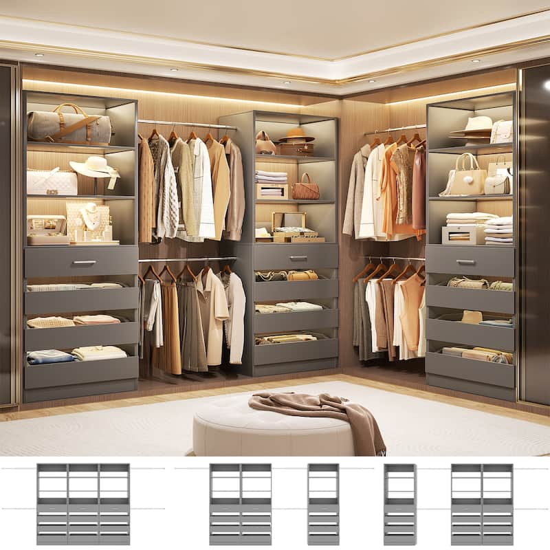 140'' Walk-in Closet Organizer System with 12 Drawers ＆ 4 Hanging Rods, 8.5-11.5FT Wooden Wardrobe Clothes Rack with 3 Towers