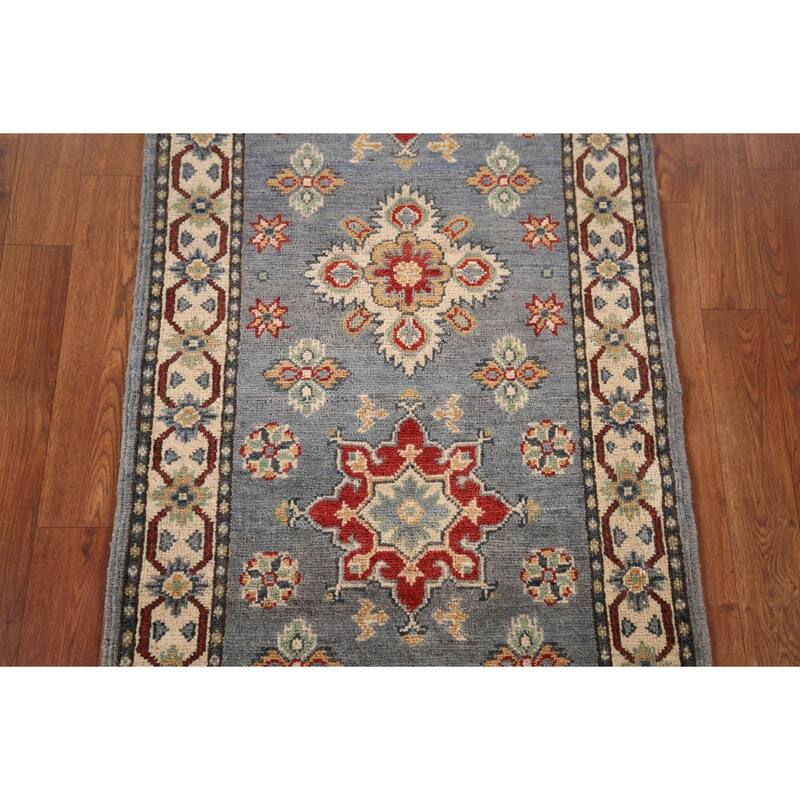 Geometric Kazak Runner Rug Hand-Knotted Floral Wool Carpet - 2'2" x 5'9"