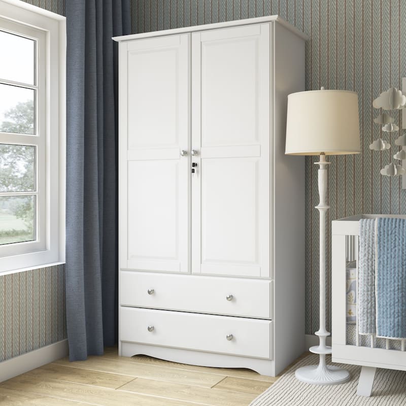 Palace Imports 100% Solid Wood Smart Wardrobe Armoire with 2 Drawers, Metal or Wooden Knobs - White-Metal Knobs