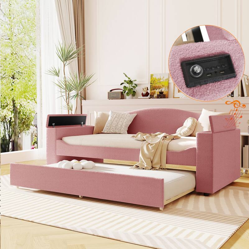 Upholstered Daybed with Storage Armrests, Trundle and Latest Integrated Bluetooth Audio System - Pink