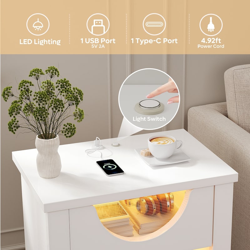 Bestier Nightstands Set of 2 with Charging Station, Modern LED End Table Bedside Table with Drawer for Bedroom & Living Room