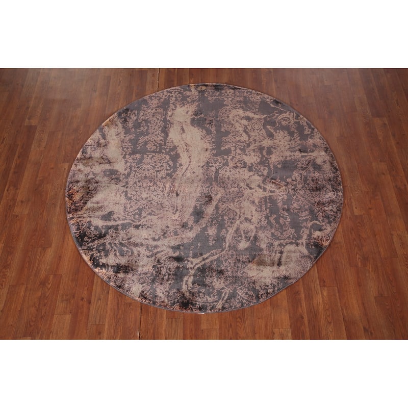 Contemporary Brown Abstract Round Rug Handmade Wool Carpet - 5'2" X 5'0"
