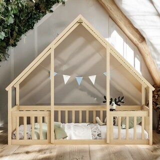 Wood House-Shaped Twin Floor House Bed with Fence,Guardrails,Kids and Baby