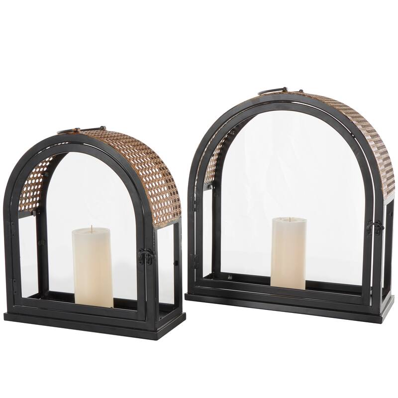 Black Metal Arched Indoor Outdoor Candle Lantern with Cane Inspired Gold Tops (Set of 2)