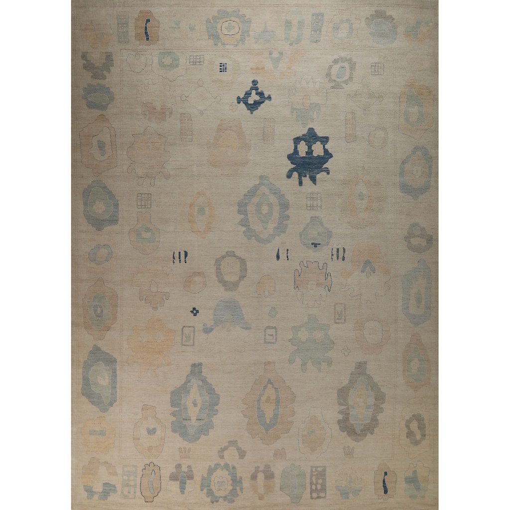 Hand Knotted Oriental 100% Wool Carpet Transitional All-Over Beige & Ivories Oushak Area Rug - 14' 8'' X 11' 10''