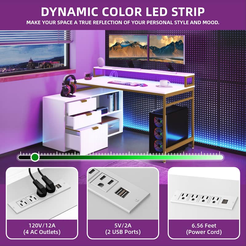 Moasis 55" Corner Computer Desk L-shaped Desk with Led Lights Gold Frame