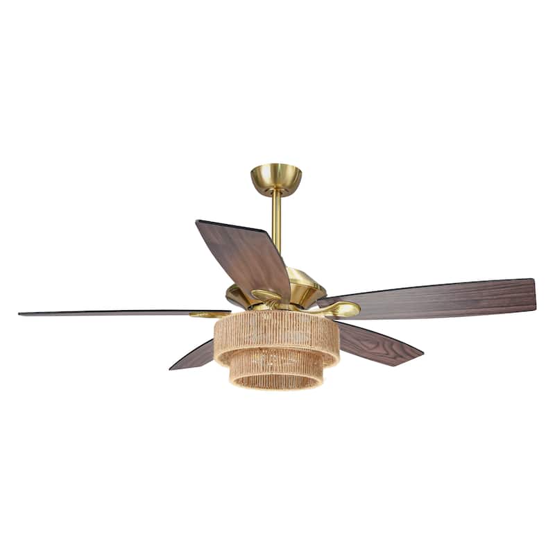 52" Farmhouse Natural Rope Reversible 5-Blade Gold Ceiling Fan with Remote