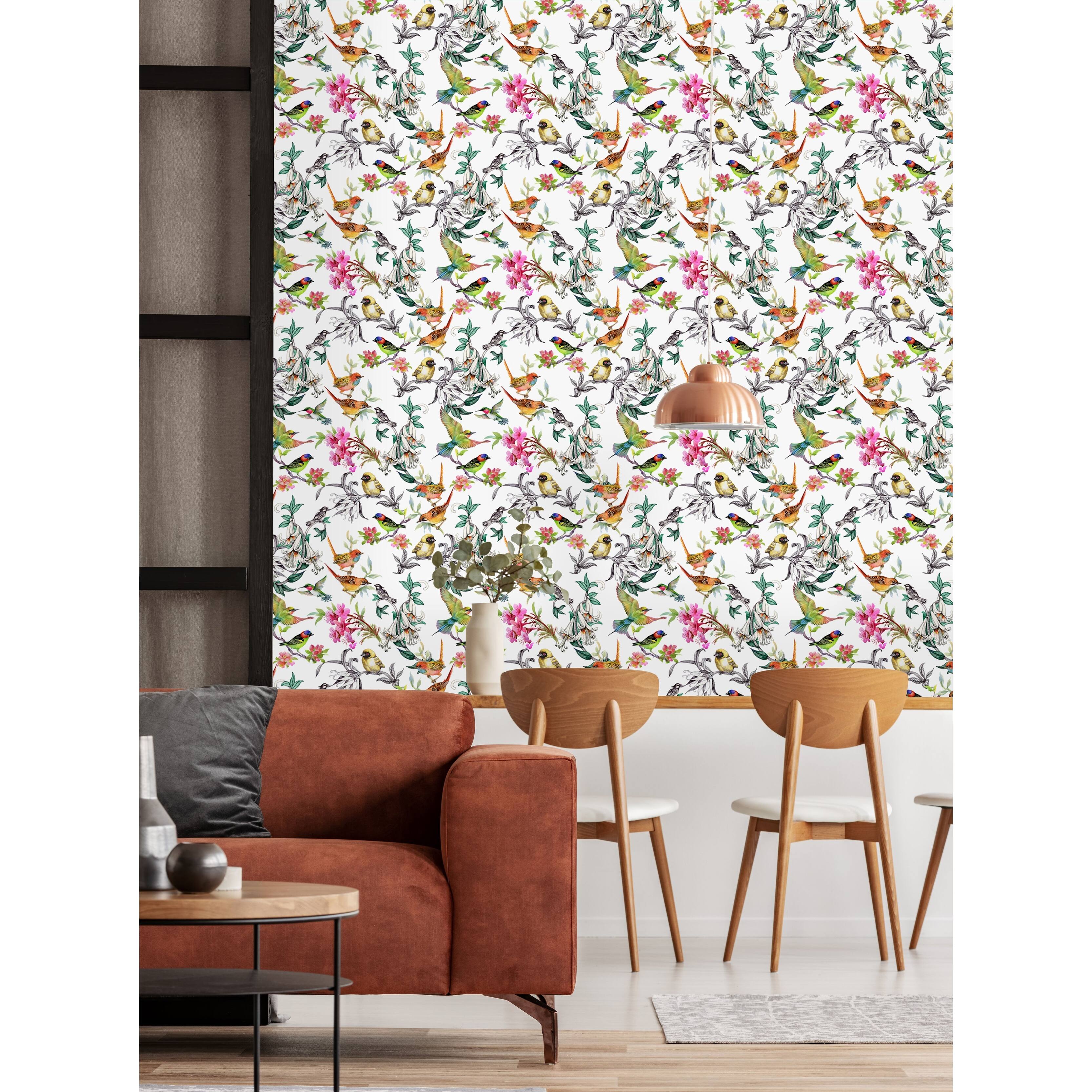 Tropical Summer Flowers and Exotic Birds Peel and Stick Wallpaper On