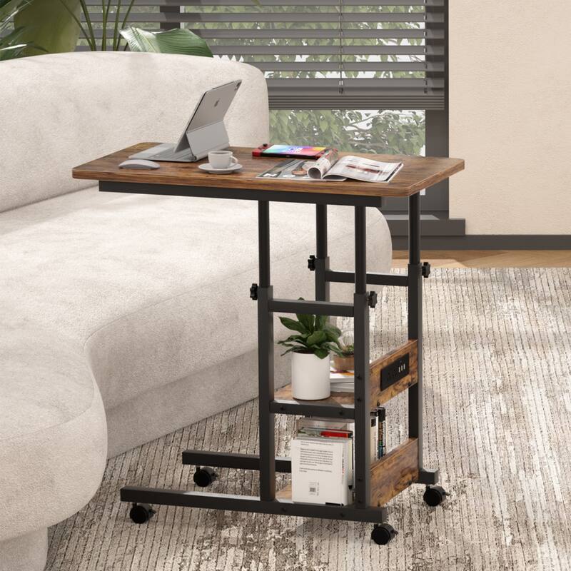 Rollway C-Shaped End Table with Charging Station, Rolling Mobile Laptop Side Table with Wheels