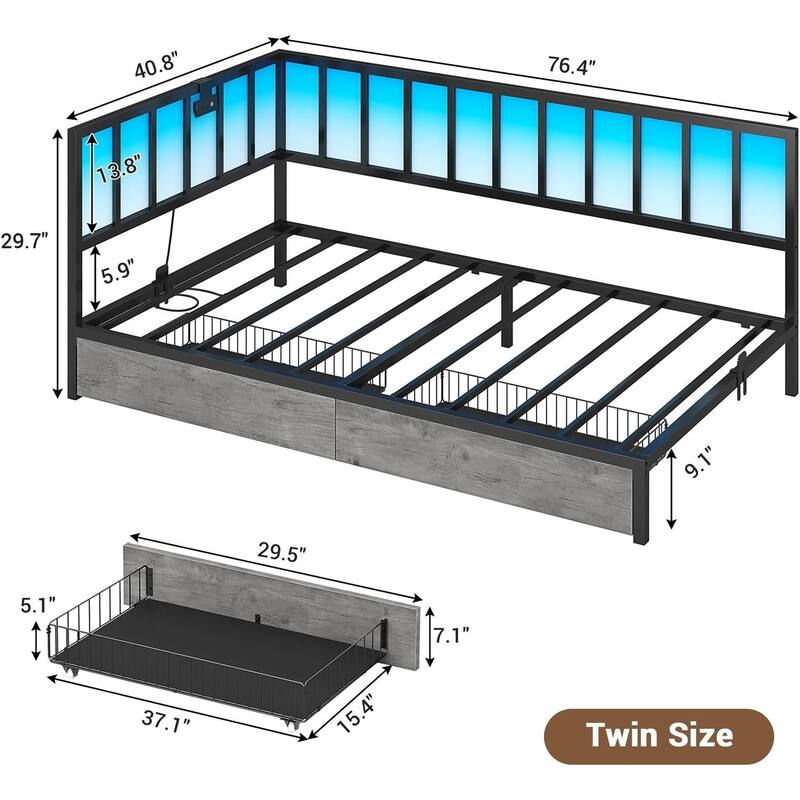 Daybed with 2 Drawers Platform Bed Frame LED Light Charging Station