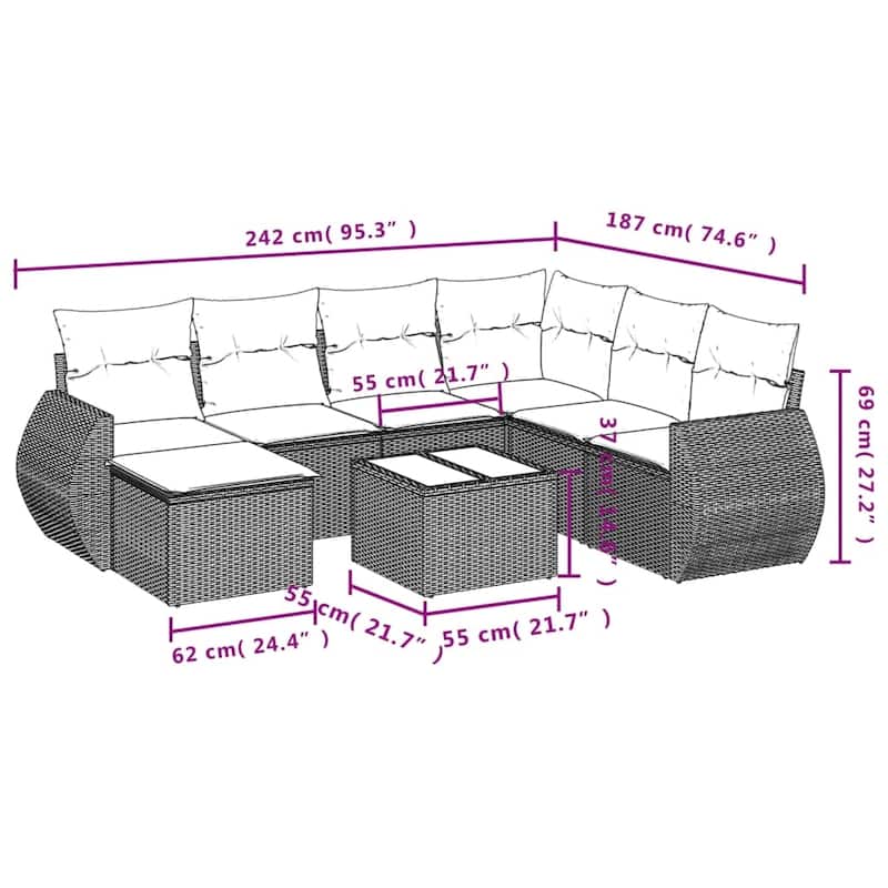 vidaXL 7 Piece Patio Sofa Set with Cushions Grey Poly Rattan - 24.4" x 24.4" x 27.2"