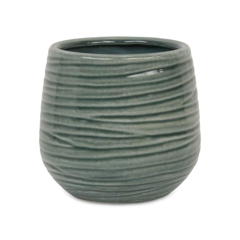 Fairloam Round Curved Wave Lined Pattern Ceramic Pot - Green - Large