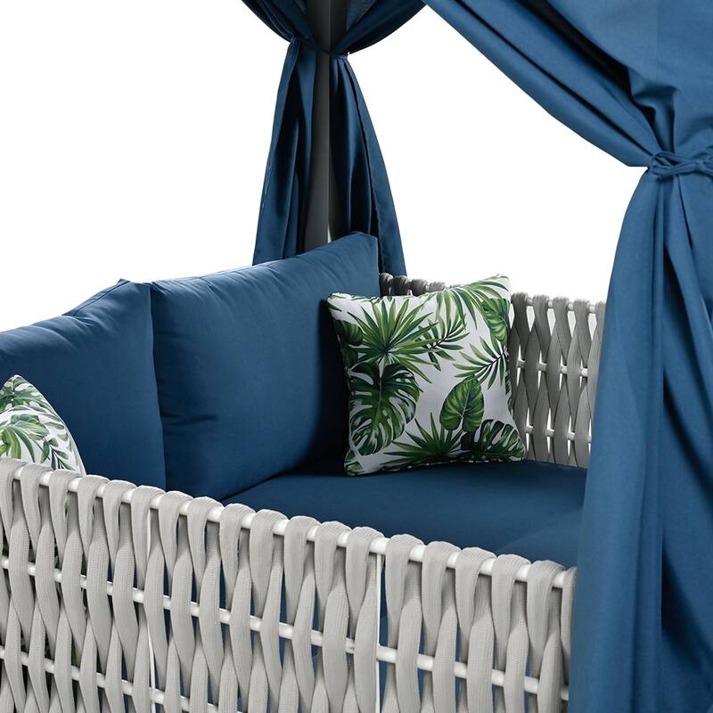 Outdoor Patio Rattan Canopy Daybed Sunbed with Curtain and Woven Rope Arm