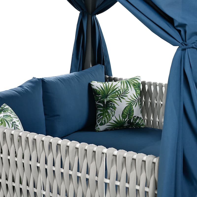 Outdoor Rattan Canopy Daybed Sunbed with Curtain & Woven Rope Arm