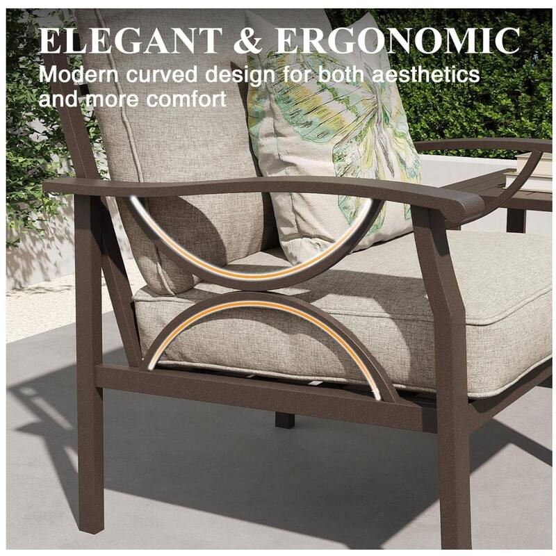 70" Metal 3-Seat Patio Sofa, Khaki Frame with Beige Cushions
