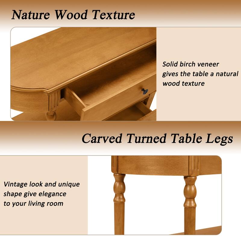 43"Retro Curved Wood Console Table with 3 Drawers and Storage Shelf