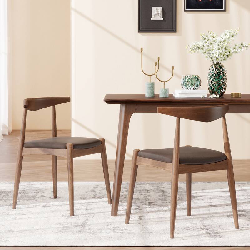 Set of 2 Rubberwood Dining Chairs, Ergonomic Backrest & Faux Leather Upholstery - Brown,Walnut
