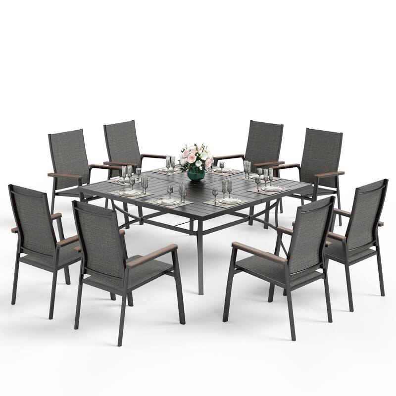 MAISON ARTS 9 Piece Patio Dining Set with 8 Stackable Textilene Chairs and 1 Metal Table