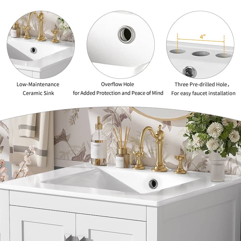 24" Bathroom Vanity with Ceramic Undermount Sink, 2 Doors, 1 Drawer, Soft-Close, Adjustable Shelf