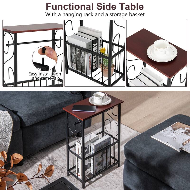 Brown Small Side End Table with Storage Basket and Black Steel Frame for Bedroom or Bathroom - 14.5" x 8" x 21.5" (L x W x H)