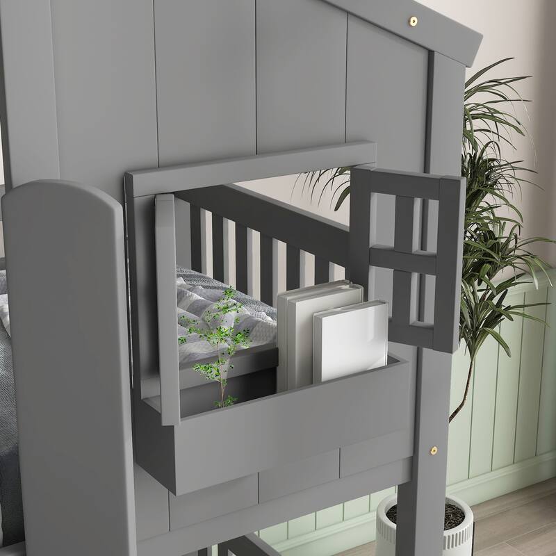 Twin Wood House Bunk Bed with Roof & Safety Guardrails