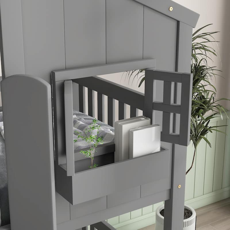 Twin over Twin House Bunk Bed with Roof , Window, Window Box, Door , with Safety Guardrails and Ladder, Grey - N/A