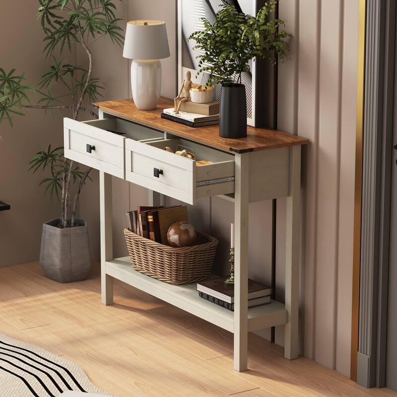 Console Table with 2 Drawer and Bottom Storage Shelf for Entryway,Rustic Side Table with Storage Drawer and Shelf