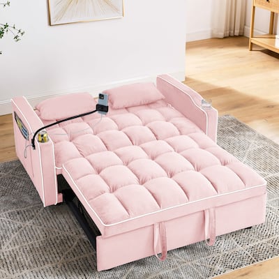 Velvet Foldable Loveseat with Adjustable Back & Ashtray for Livingroom 55.51 inch Versatile Pull-out Sofa Bed with USB Port