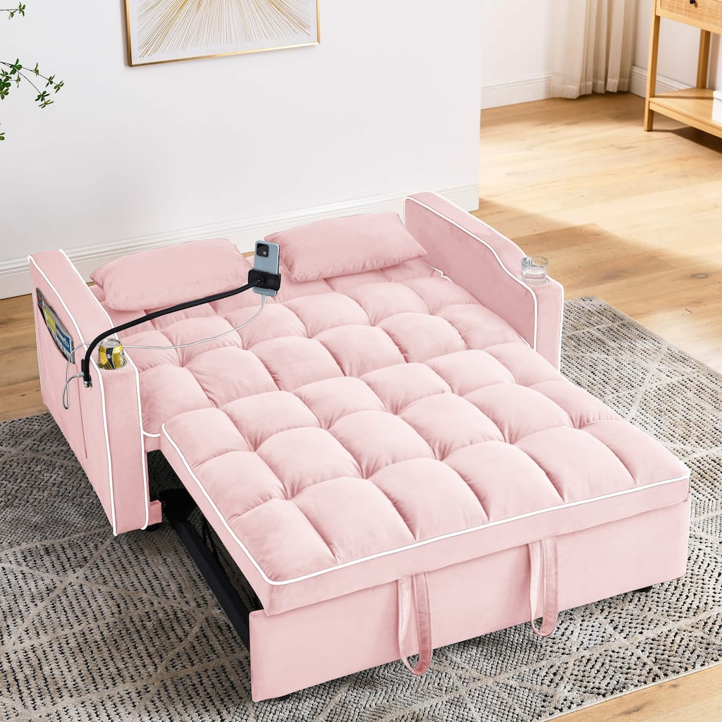 Velvet Foldable Loveseat with Adjustable Back & Ashtray for Livingroom 55.51 inch Versatile Pull-out Sofa Bed with USB Port