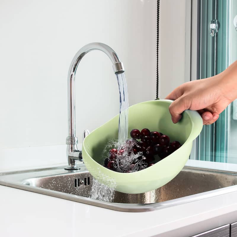 Kitchen Rice Washing Strainer Fruit Vegetable Container Drain Basket - Green+Pink