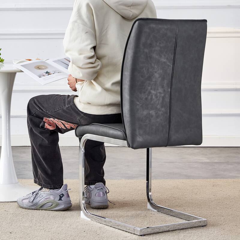 Arched Back Chair Set of 6, Faux Leather Upholstered Dining Chair with Metal Silver Leg, Home Kitchen Chair