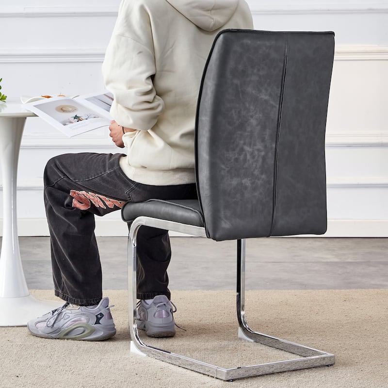 Roomfitters Arch Dining Chairs with Dark Gray PU and Silver Arched Legs, Crazy Horse Texture Set of 2