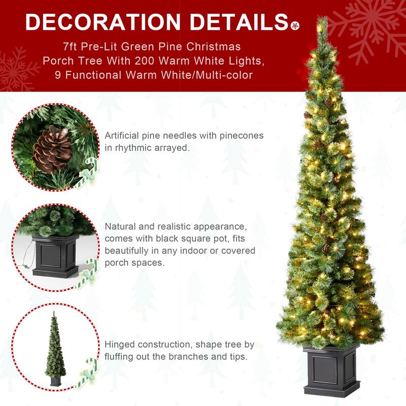 Glitzhome 7FT Pre-Lit Slim Artificial Christmas Tree with 200 LED Lights and Base, 9 Functional Warm White/Multi-Color