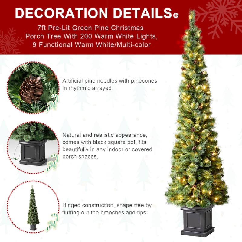 Glitzhome 5ft/6ft/7ft Pre-Lit Green Pine Christmas Potted Porch Tree with LED Lights and Remote Control