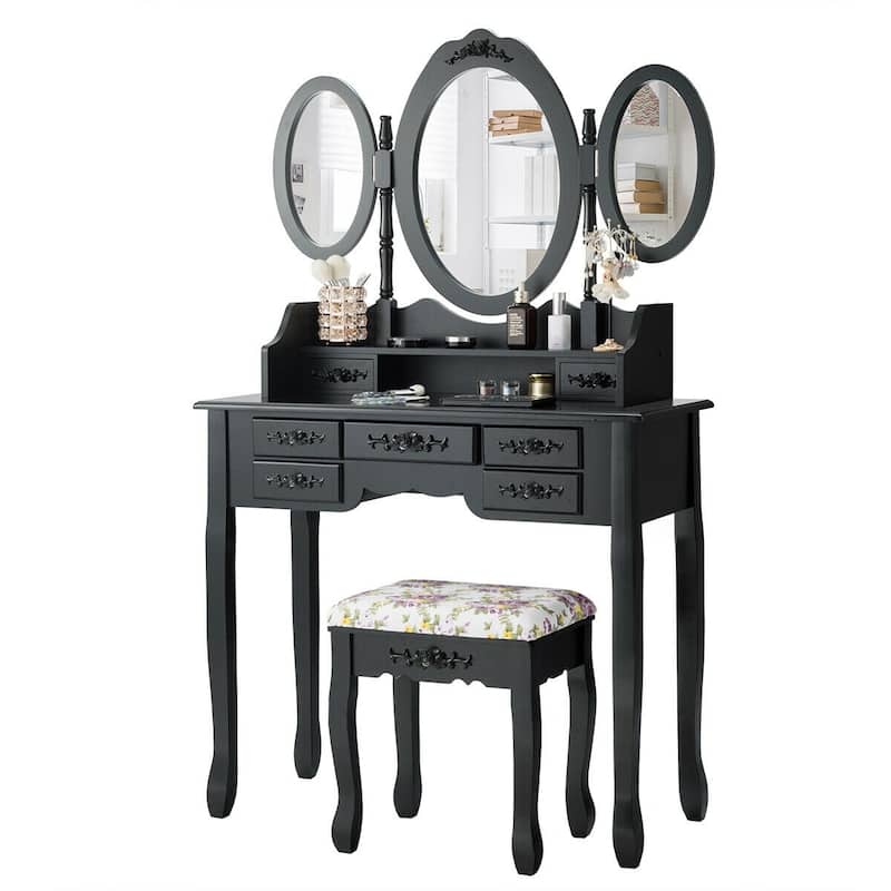 Gymax Vanity Makeup Set W/7 Drawer Tri-Folding Mirror Dressing Table &