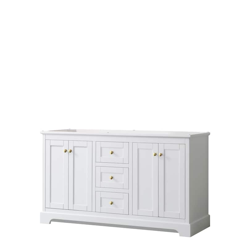 Avery 60-inch Double Vanity, No Top, No Sinks, No Mirror - White, Gold Trim, No Top