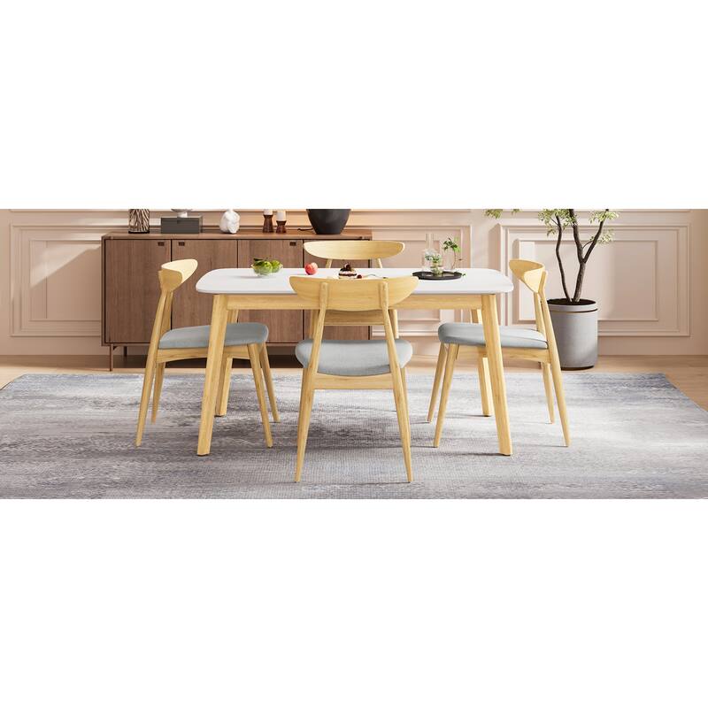 Roomfitters 5-Piece Scandinavian Dining Set, 59" White Oak Table with 4 Ergonomic Beige Upholstered Chairs
