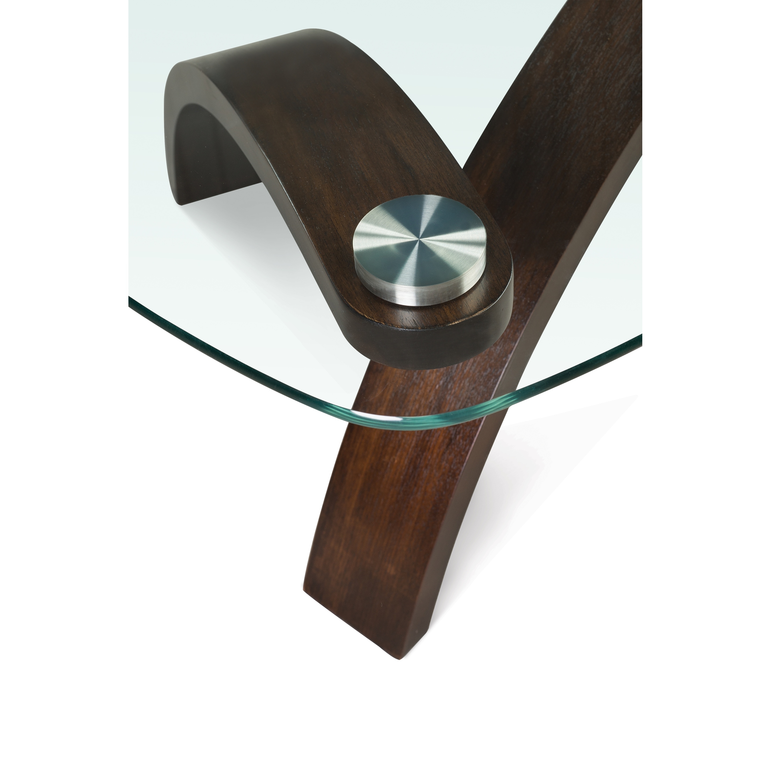 Close-up detail of the silver metal fastener securing the glass top to the curved wood base.