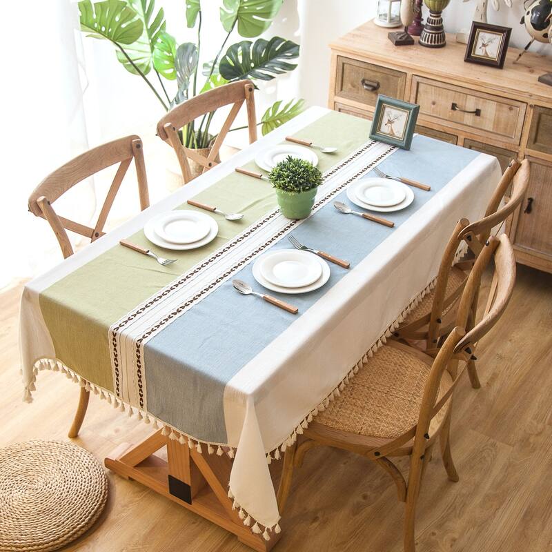 Enova Home 54"x 78" High Quality Rectangle Cotton and Linen Tablecloth with Tassels