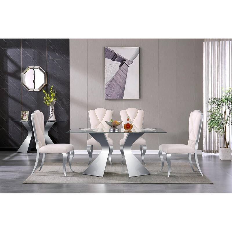 63 inch Glass Dining Table Modern Dining Room Table for 4-6 with Rectangle Tempered Glass Top and Metal Legs