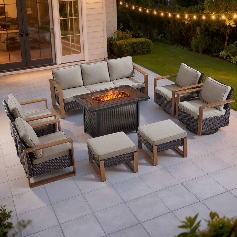 Meyreso Wicker Outdoor Patio Metal Fire Pit Set with Swivel Gliders and Olefin Cushions - Brown / Beige Cushions - 8-Piece